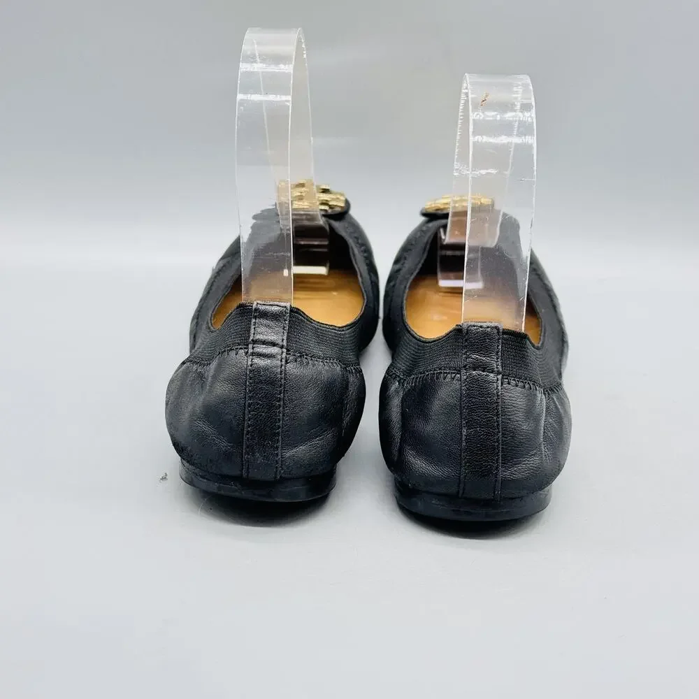 Tory Burch Shoes Womens 6 Black Leather Reva Ballet Flats Gold Logo Slip On